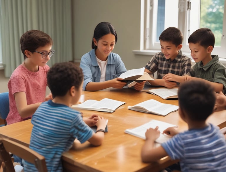 Children gathered together for Sunday school lessons with their teacher smiling.