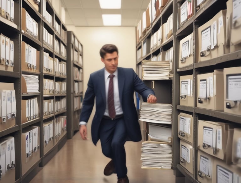 a man riding a skateboard down a street next to tall buildings