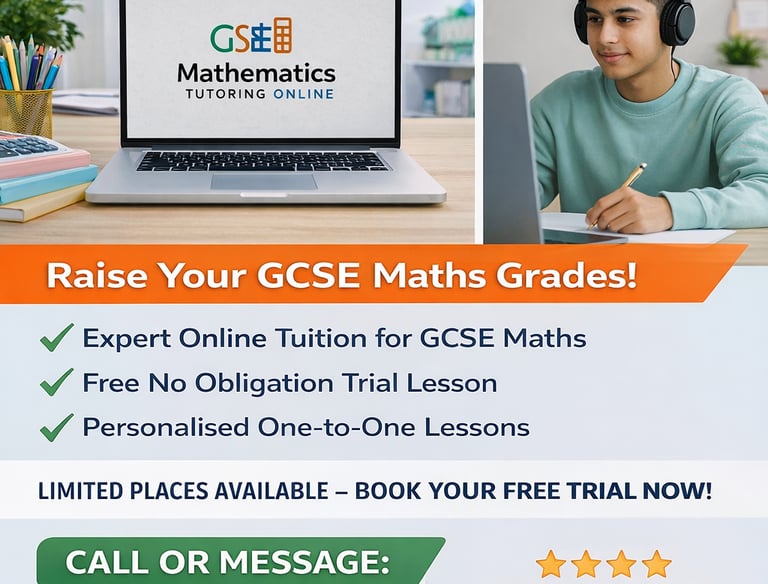 GCSE online Maths Tutor flyer featuring expert 1-to-1 tuition and a free trial lesson for students.