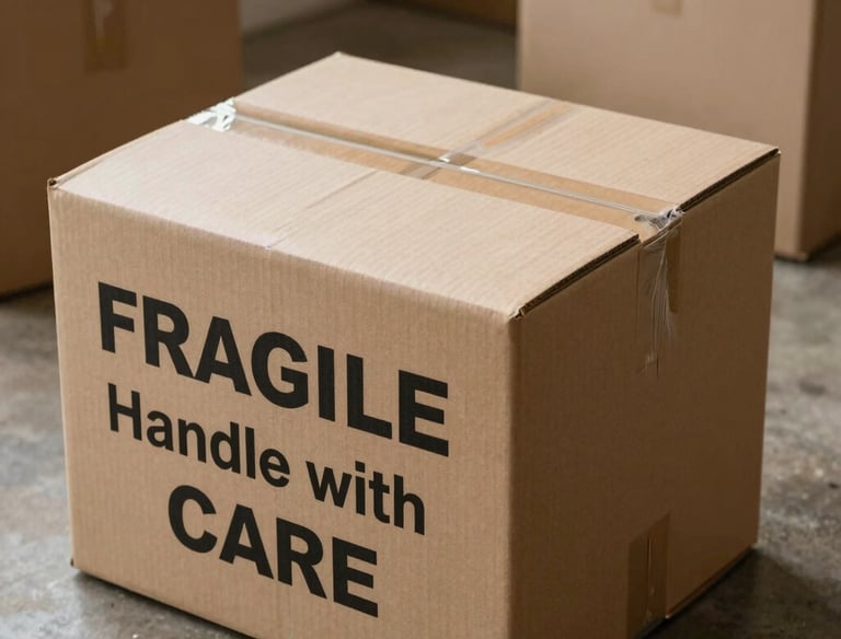 Close-up of hands wrapping fragile glassware with bubble wrap.