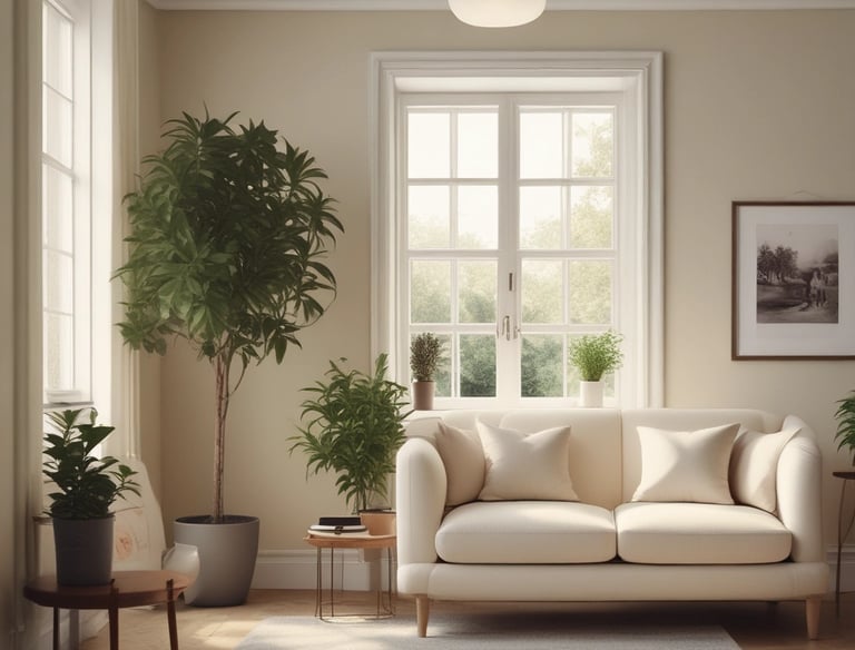 A calm therapy room with soft natural light and warm earthy tones