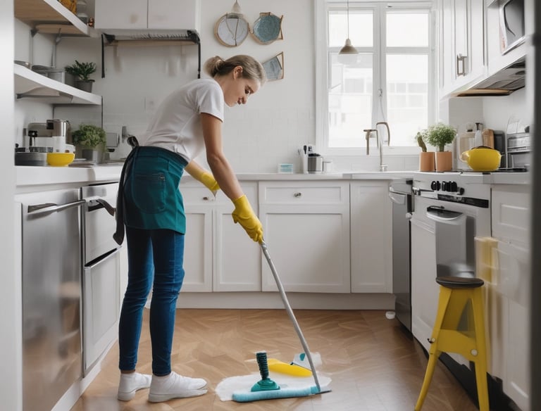 A professional cleaner wearing gloves scrubbing a bathroom sink deeply.