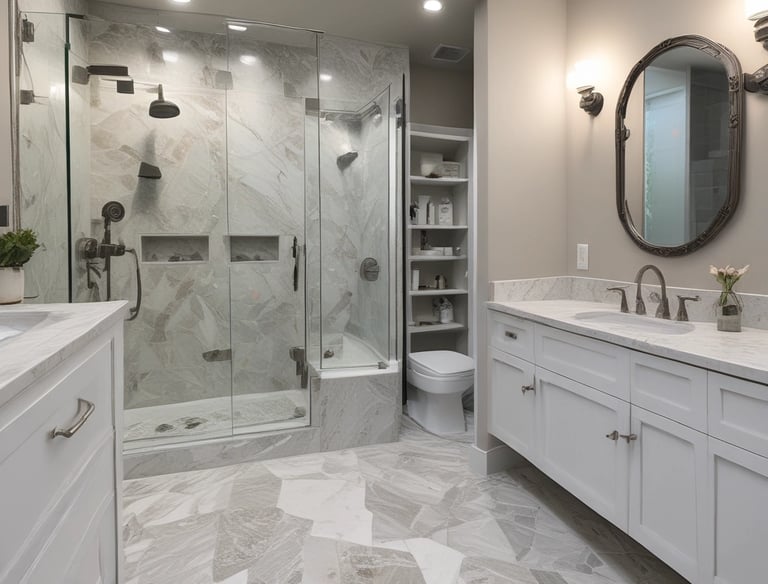 A serene bathroom renovation with light neutral tones, elegant fixtures, and a modern freestanding tub.