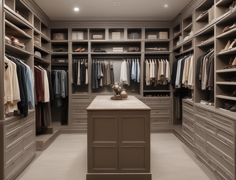 A spacious walk-in closet with built-in shelves and soft lighting, showcasing organized luxury.
