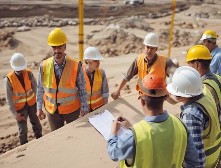 Close-up of hands repairing a concrete wall with professional tools and safety gear.