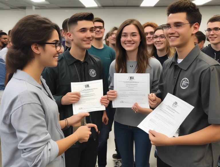 Adult woman happily receiving her certification diploma in a formal setting.