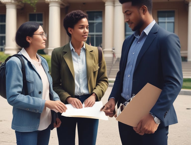 A professional advisor explaining insurance options to a diverse couple in a modern office.