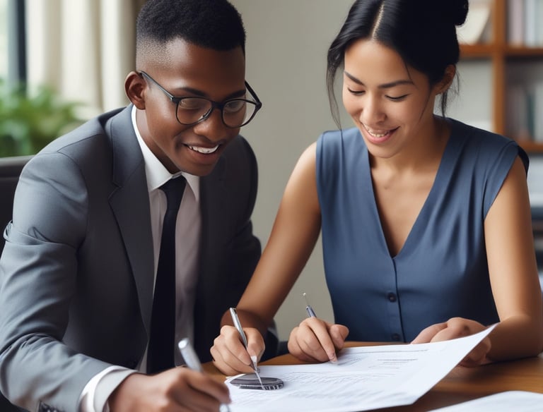 A friendly consultant assisting an entrepreneur with leasing options in a bright meeting room.