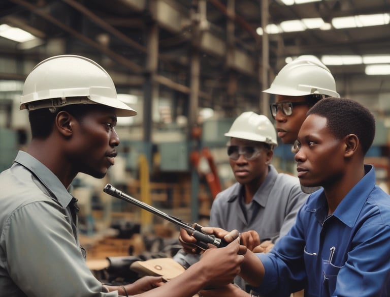 Team meeting in an industrial workshop discussing project roles.