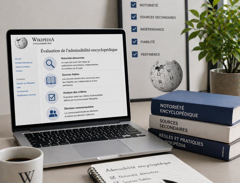 Ordinateur affichant l’évaluation de l’admissibilité encyclopédique sur Wikipédia avec critères