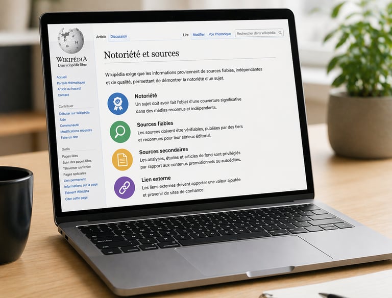 Ordinateur portable sur un bureau affichant une page Wikipédia sur la notoriété et les sources