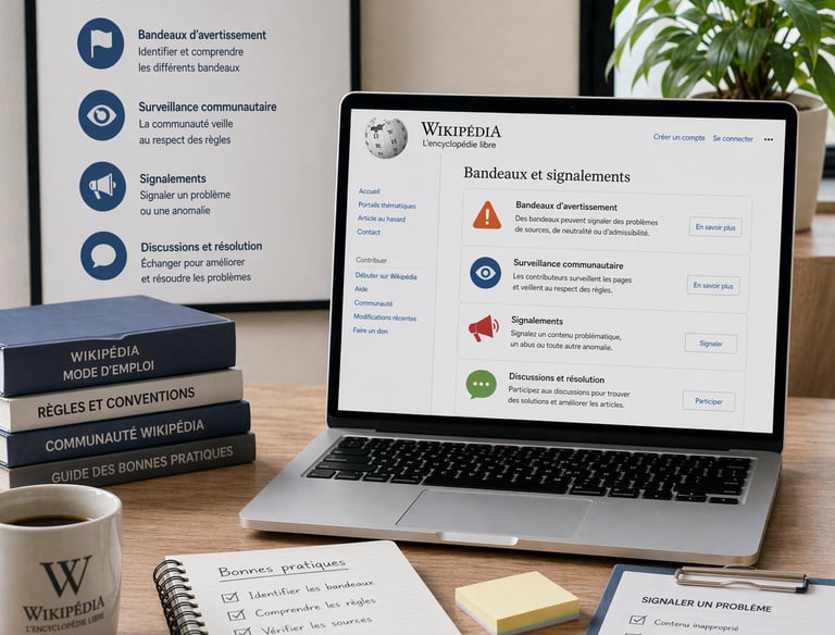 Ordinateur affichant la gestion des bandeaux Wikipédia, signalements communautaires