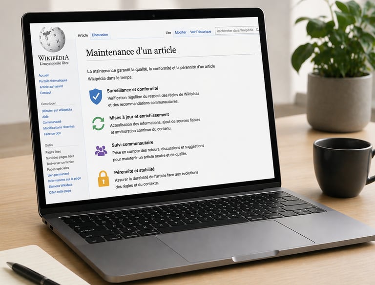 Ordinateur portable sur un bureau affichant une page Wikipédia dédiée à la maintenance d’un article
