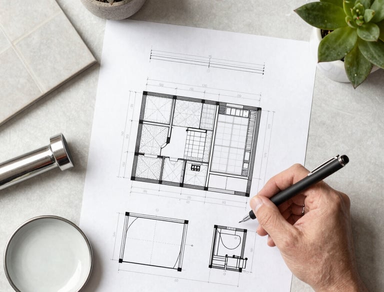A designer sketching a modern bathroom layout with detailed notes.