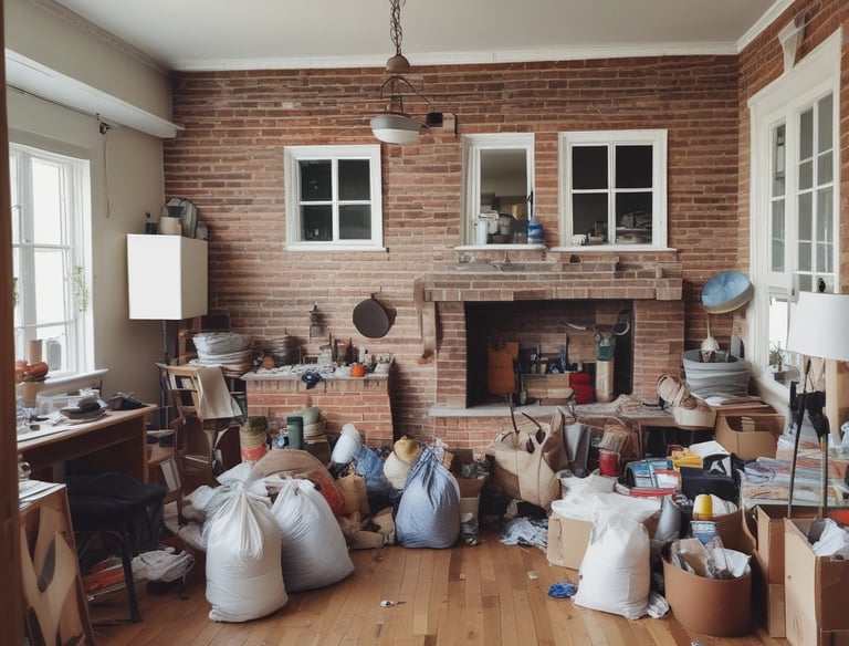 A tidy living room after a full house clearance with neatly stacked furniture ready for removal.