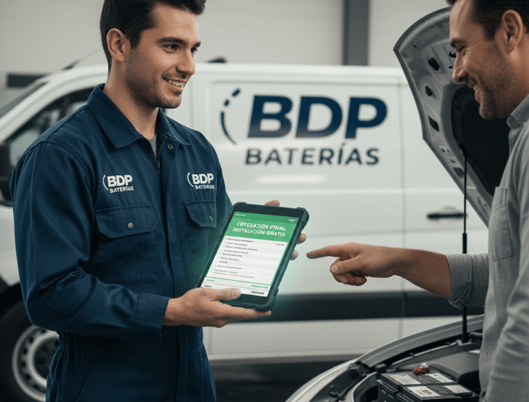 Técnico de BDP Baterías en uniforme azul marino mostrando una tableta a un cliente. 