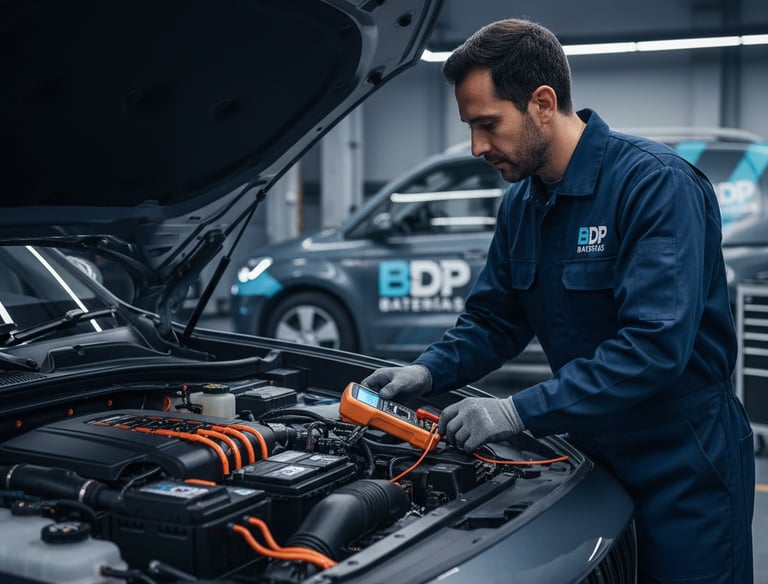 Técnico de BDP Baterías en uniforme azul marino, utilizando un multímetro para diagnosticar la bater