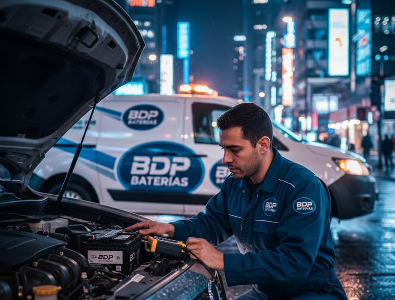 Técnico de BDP Baterías en uniforme azul marino, instalando una batería de auto en la Ciudad de Pana