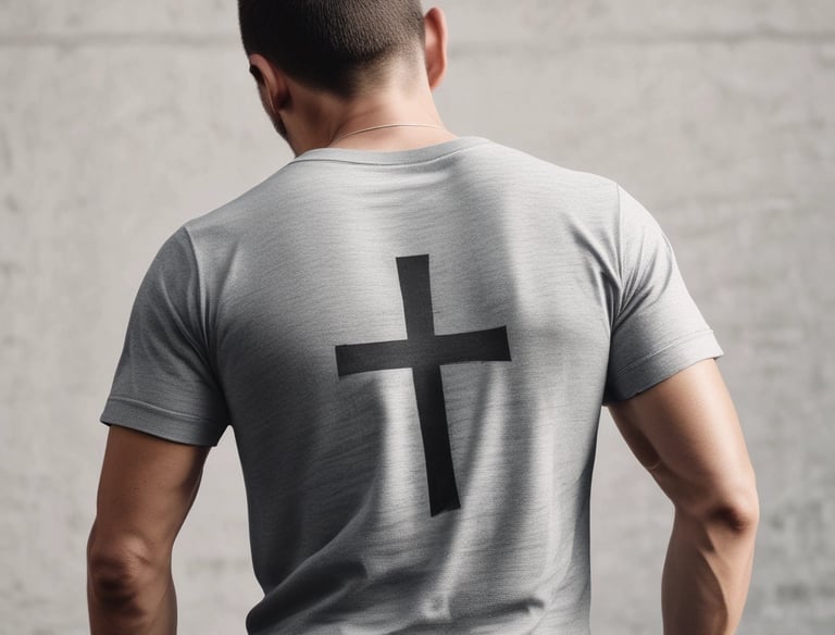 Man wearing grey cross t-shirt - Battle 1 Christian Print-On-Demand apparel