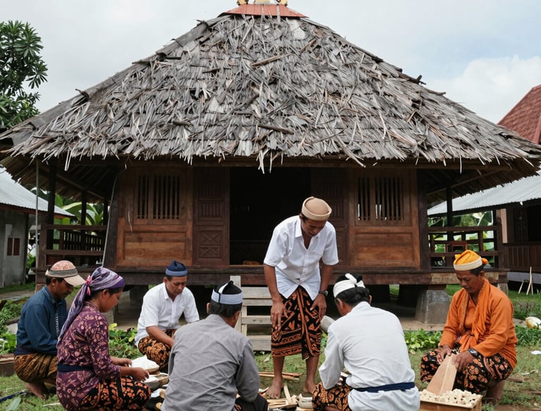 A group photo of Praja Riau members during a social event in traditional attire.