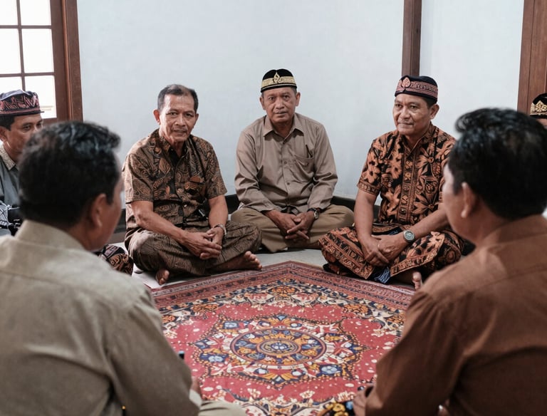 A lively community gathering with traditional Javanese decorations and smiling members.
