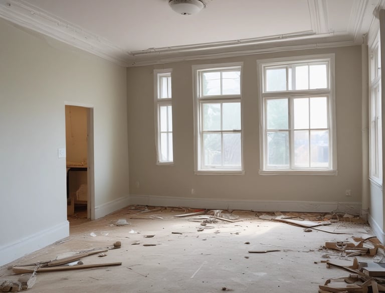 A skilled worker carefully renovating a cozy living room with warm lighting.