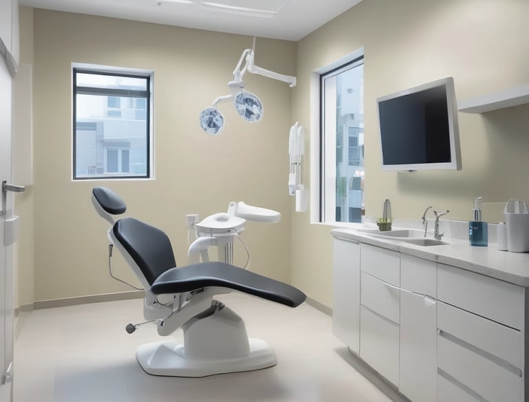 Modern dental clinic room with professional equipment and bright lighting.