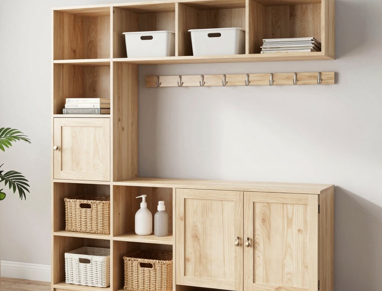 A stylish entryway with hooks and baskets for organized storage.