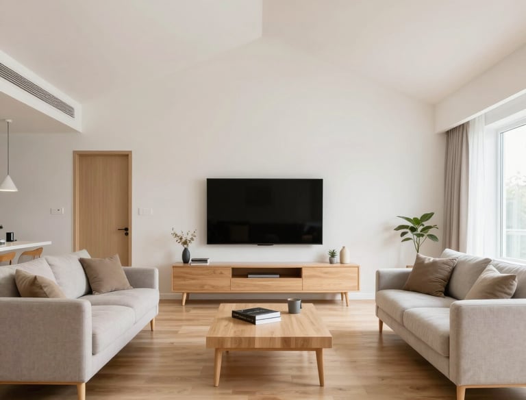 A bright, airy living room with neatly arranged shelves and minimal clutter.