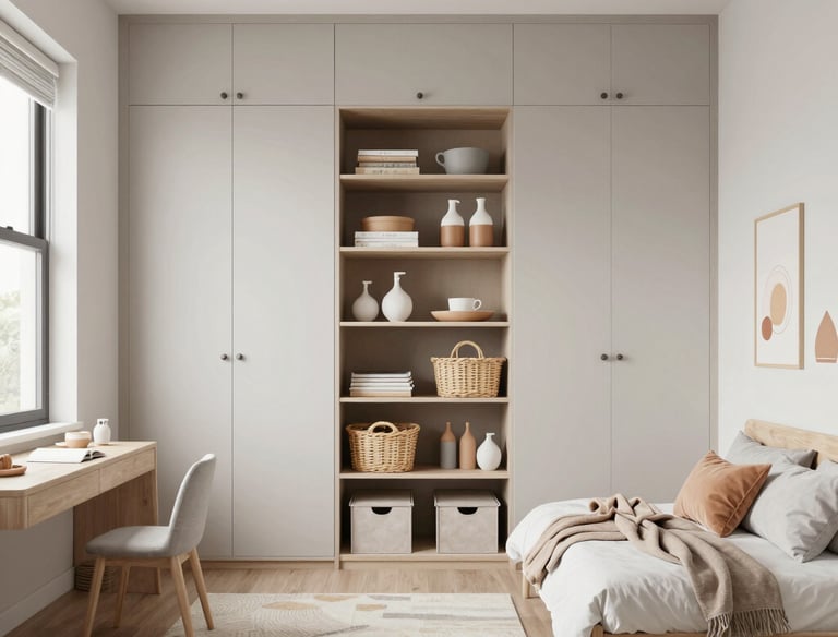 A cozy bedroom with labeled storage bins under the bed for easy access.