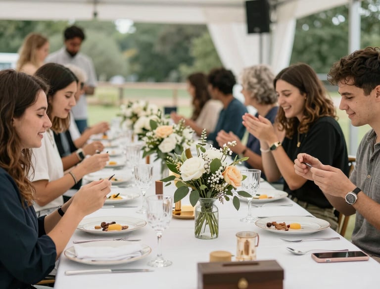 A lively corporate event with guests enjoying a beautifully decorated venue.