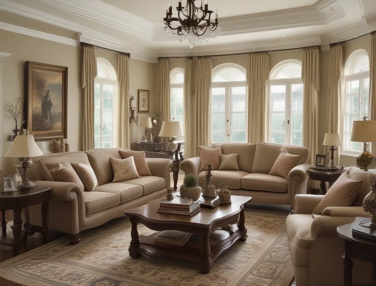 A sparkling clean modern apartment living room with sunlight streaming through large windows.