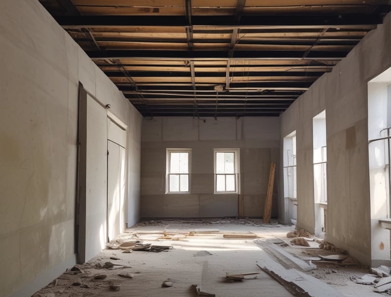 Workers cleaning a newly built house after construction with professional equipment.