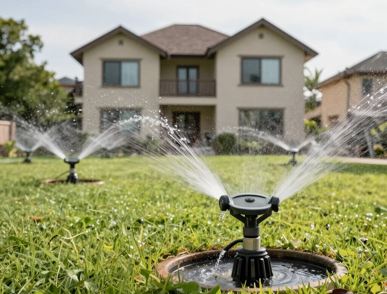 An automatic irrigation system watering a vibrant green lawn.
