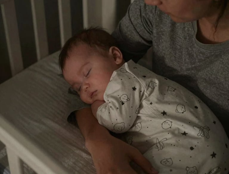 A serene nursery with a sleeping baby wrapped in a soft blanket under gentle lighting.