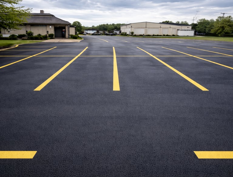 a recently sealed parking lot with fresh parking stripes