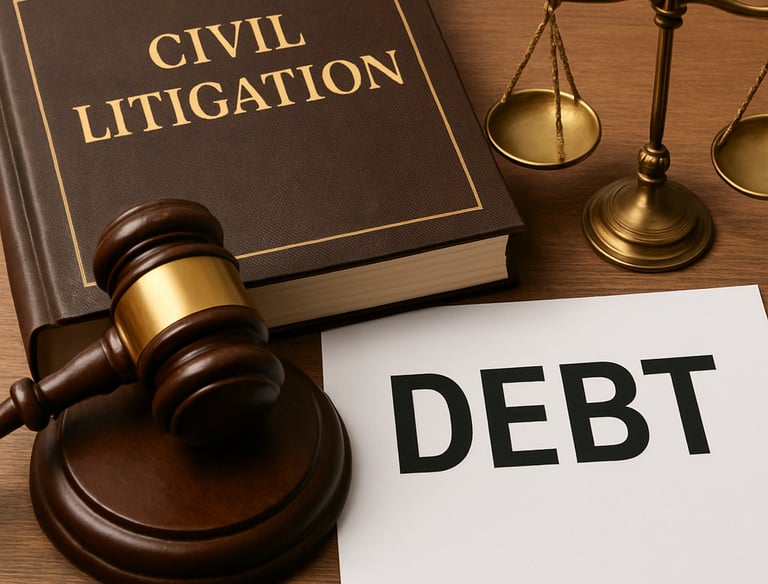 Close-up of hands exchanging documents related to civil and debt matters.