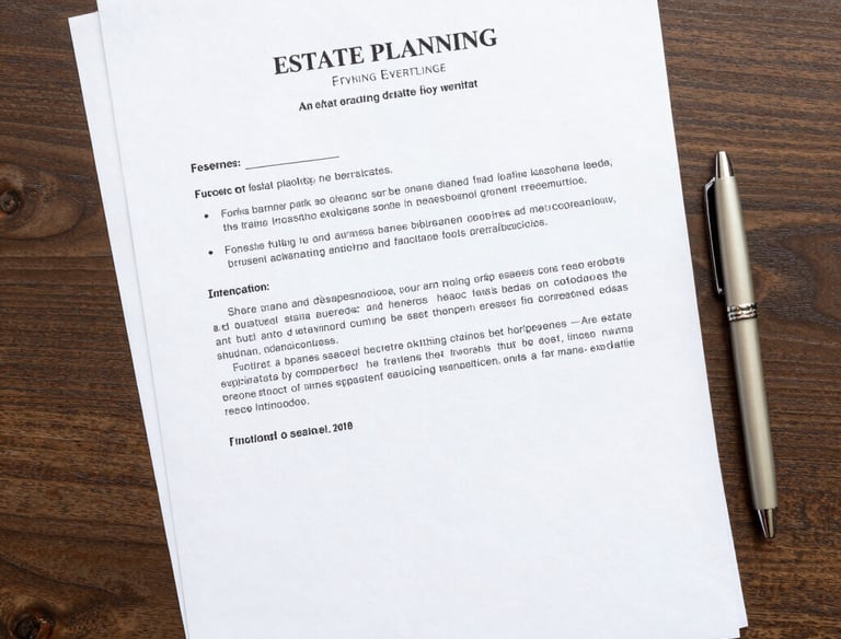 A neat desk with estate planning documents, a pen, and a cup of coffee.