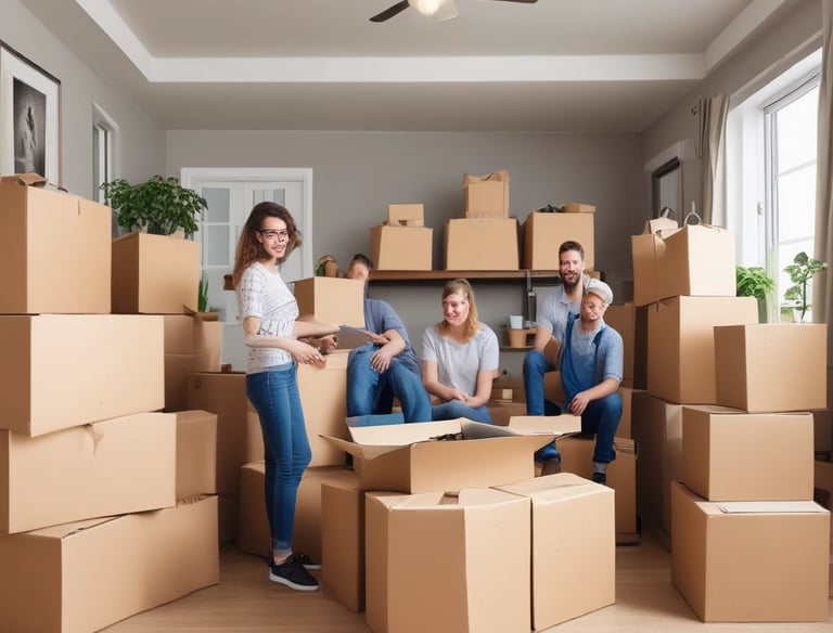 A team carefully packing household items into boxes with protective materials.