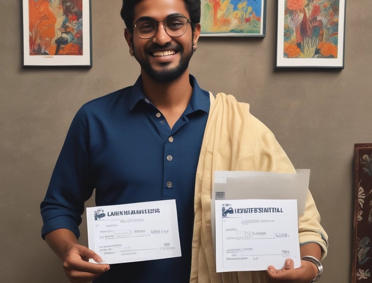 A vibrant illustration of a smiling artist filling out an online registration form on a laptop.