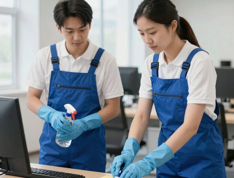 A professional cleaner wiping down a modern office desk with natural light streaming in.