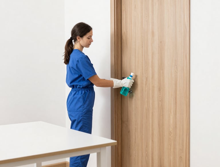 Close-up of hands sanitizing a conference room table with disinfectant spray.