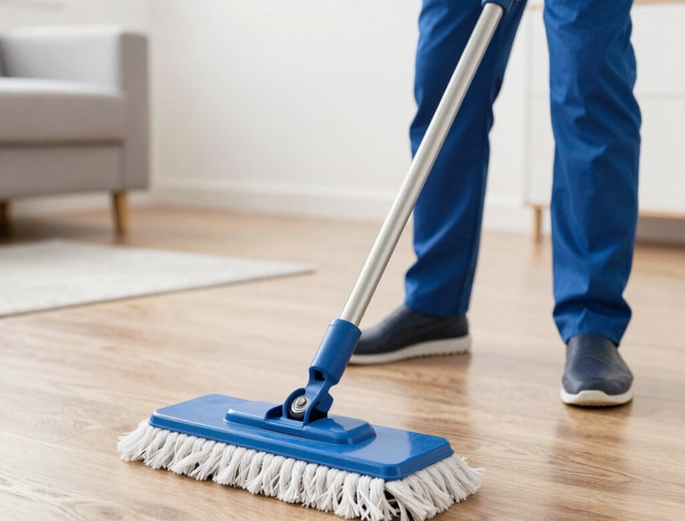 A janitor vacuuming a commercial lobby with polished floors and comfortable seating.