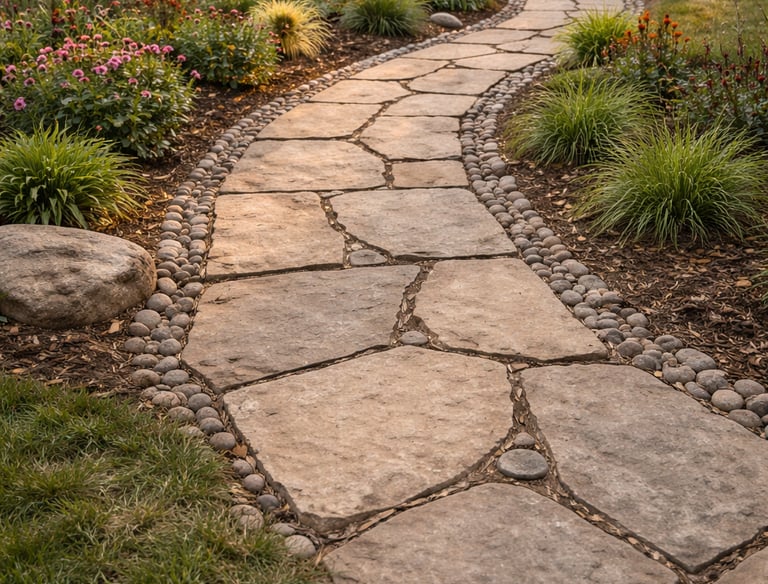A winding flagstone walkway bordered by river rocks leads to a modern home with lush garden landscaping.