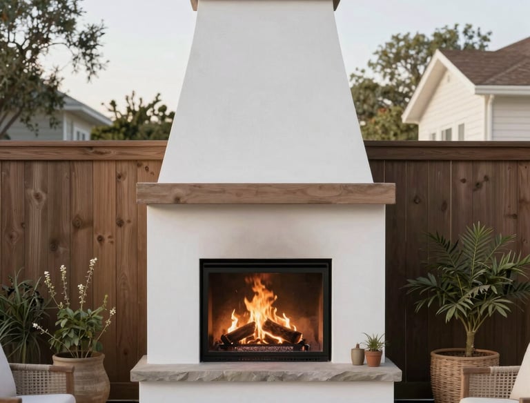 Modern white stucco outdoor fireplace with a wood mantel and burning logs on a backyard patio.