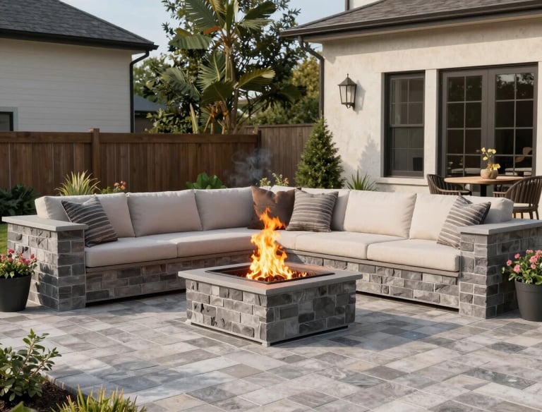 Modern backyard patio with stone fire pit and outdoor sectional sofa on grey stone pavers.