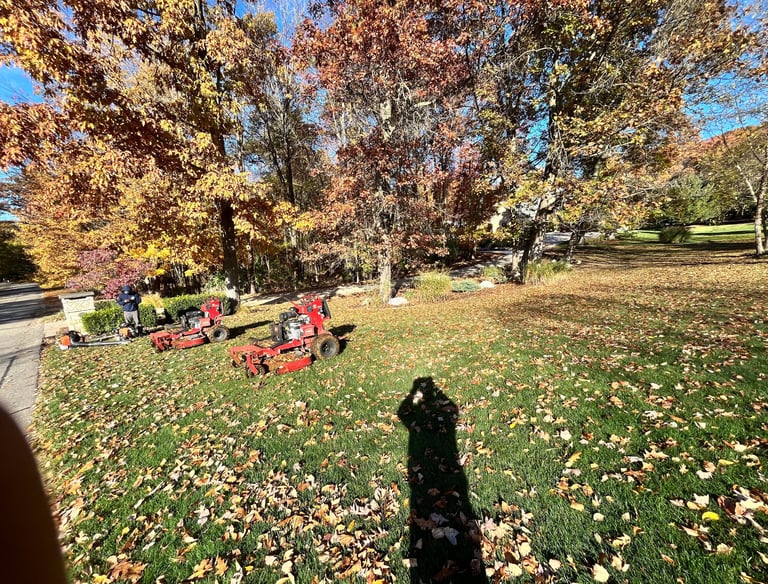 Professional lawn care team using red commercial mowers for fall leaf cleanup on a green lawn.