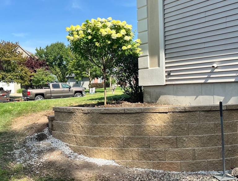 Curved stone retaining wall for a residential garden bed with a blooming hydrangea tree.