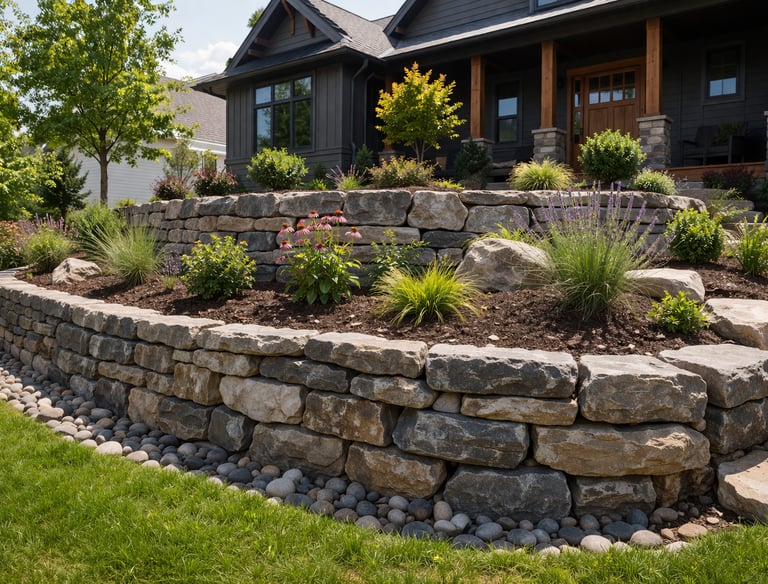 Multi-level natural stone retaining wall with tiered garden landscaping in front of a modern home.