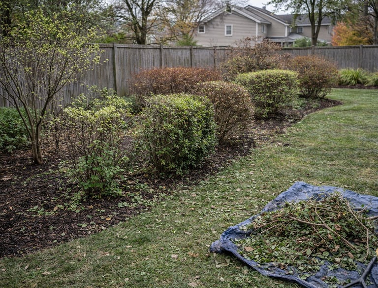 Professional garden landscaping maintenance with pruned bushes, dark mulch, and yard waste on a blue tarp.